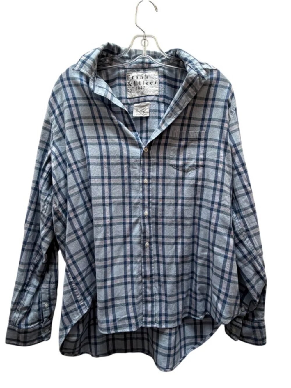 FRANK & EILEEN Button Down Top Blouse Plaid Check Blue L